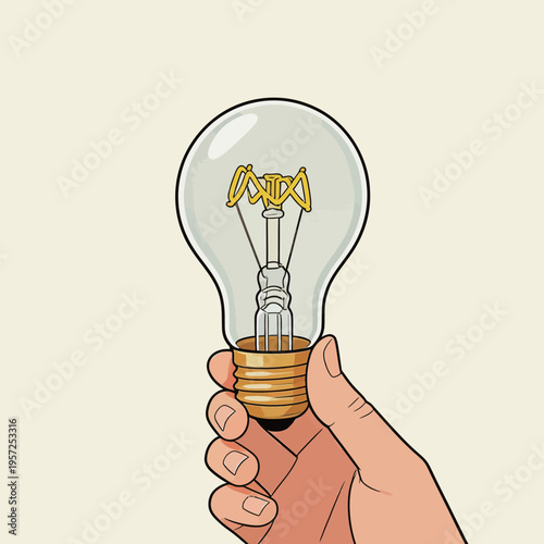 Light bulb held in hand showing a disconnected filament in a simple setting