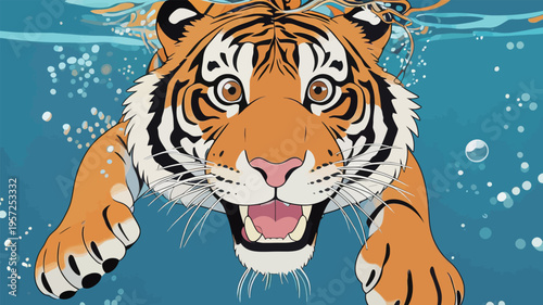 Tiger swimming in clear blue water with bubbles and splashes during daylight hours