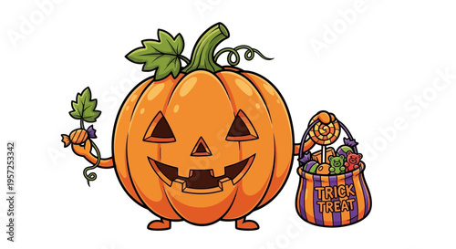 Smiling Jack O Lantern Character Holding Carrot.