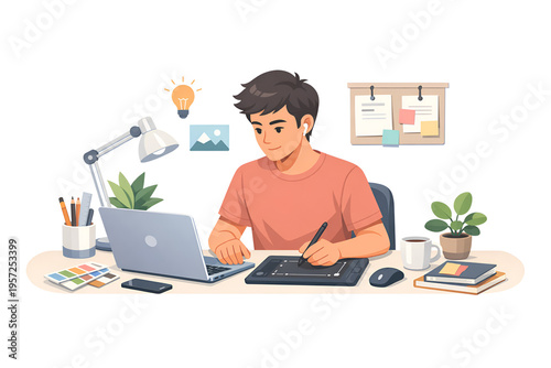 Young Man Working on Laptop at Desk Home Office Productivity Illustration