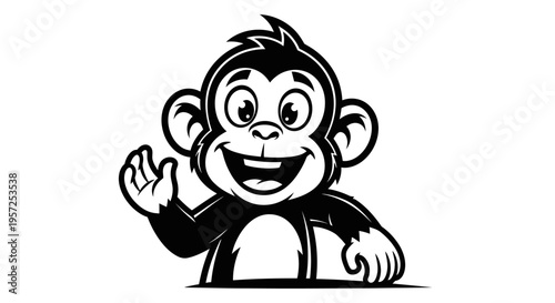 Smiling monkey cartoon character waving hand.