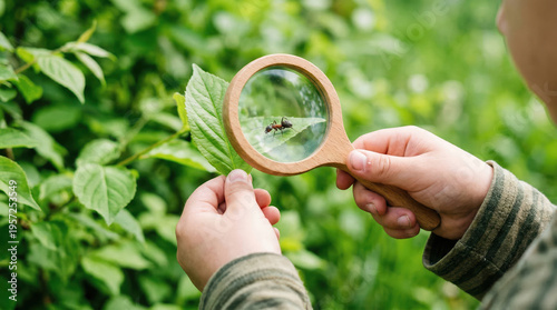 A child holds a wooden magnifying glass to examine an insect on a leaf. The scene takes place outdoors in a green area filled with plants. It is a bright, sunny day