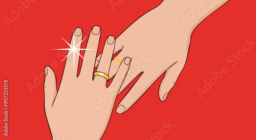Vector illustration of two hands with wedding rings on a vibrant red background, symbolizing marriage and commitment