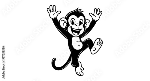Smiling monkey jumping in air happily.