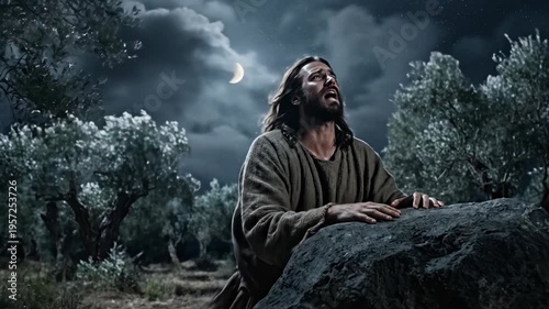 Jesus praying in Gethsemane garden at night. Man in robe kneeling by stone with hands clasped looking at moon. Bible scene of faith, spiritual devotion, religion.