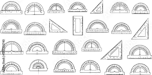 Detailed Black and White Line Art Illustration of Various Geometry Measurement Tools - Protractors, Rulers, and Set Squares for Education and Technical Design