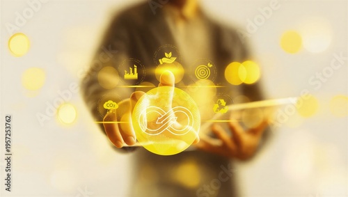 Businessman selecting circular economy icon on virtual screen. Concept of sustainability, eco-friendly business, green innovation, carbon footprint reduction, and environmental responsibility.
