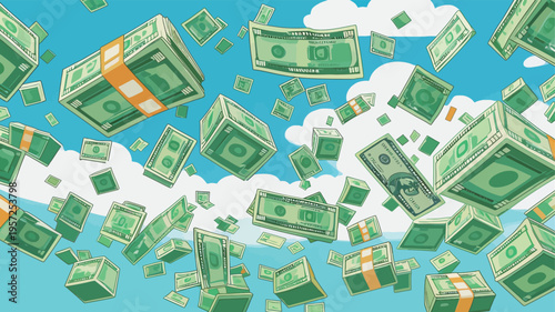 Bills and cash fall from the sky in a bright blue background over a simple landscape with clouds present
