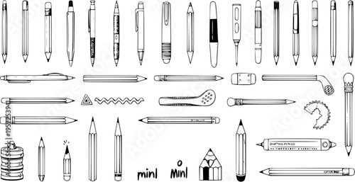 Assorted Pens  Pencils Illustration: Sketch Collection of Stationery Items
