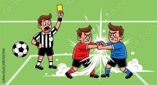 Cartoon vector illustration of a soccer referee showing a yellow card to two fighting players on a green field