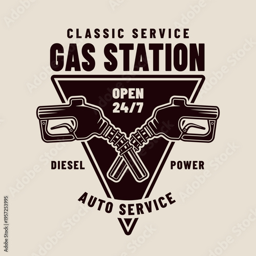 Vintage fuel station label with refueling pistol in monochrome style. Engraved vector emblem suitable for automotive branding, gas services and industrial design