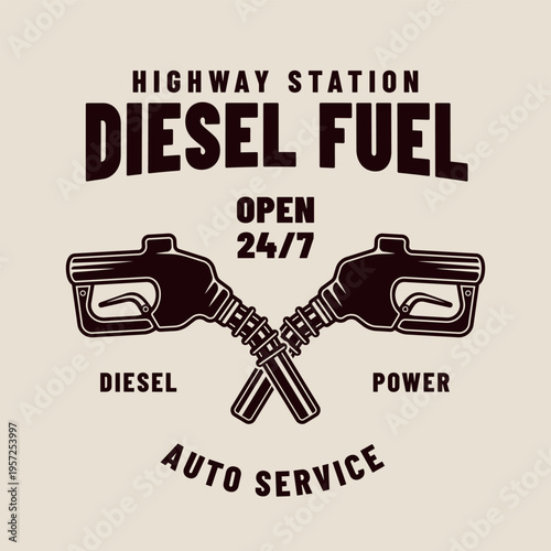 Retro fuel station badge with refueling pistol vector illustration. Monochrome engraved style ideal for automotive emblem, energy industry and vintage branding