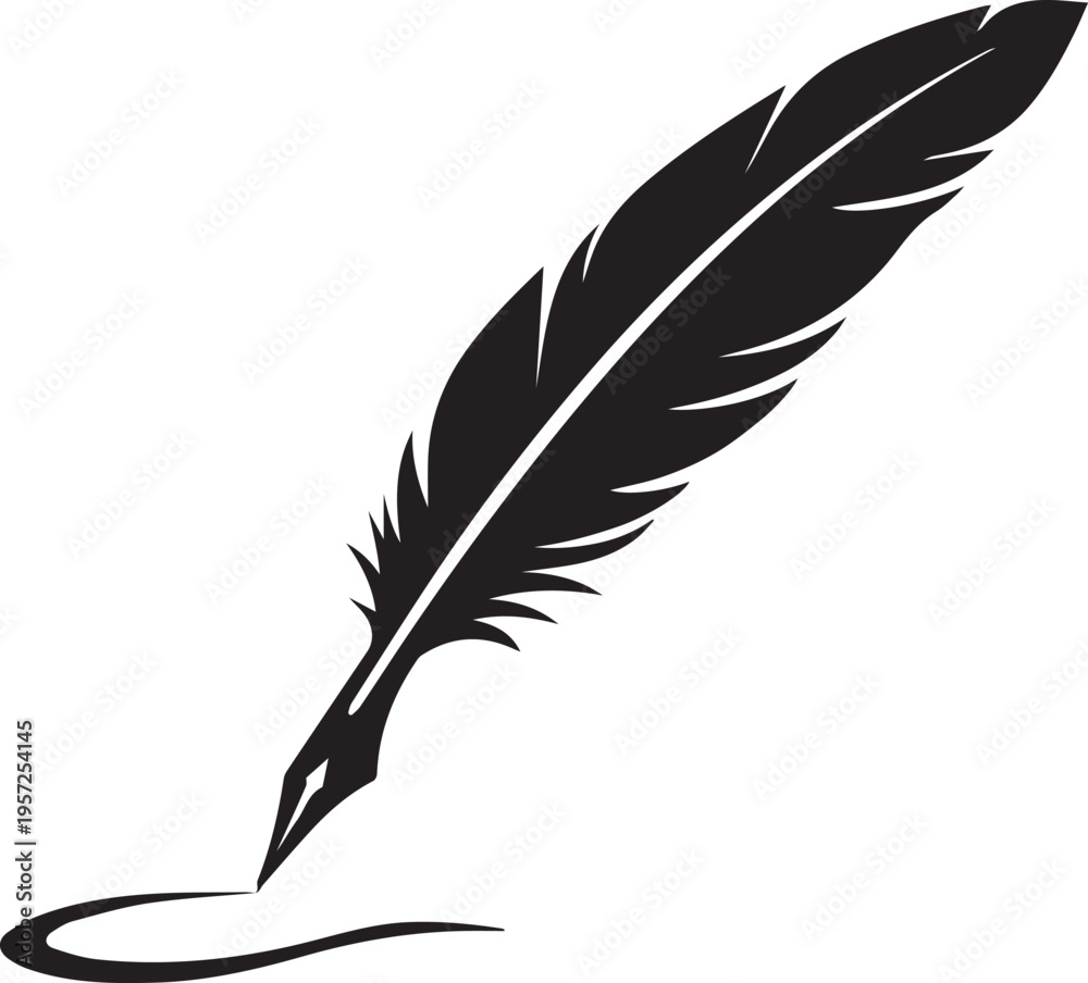 Fototapeta premium Black silhouette of a classic quill pen writing a curved line on a white background Vector, illustration