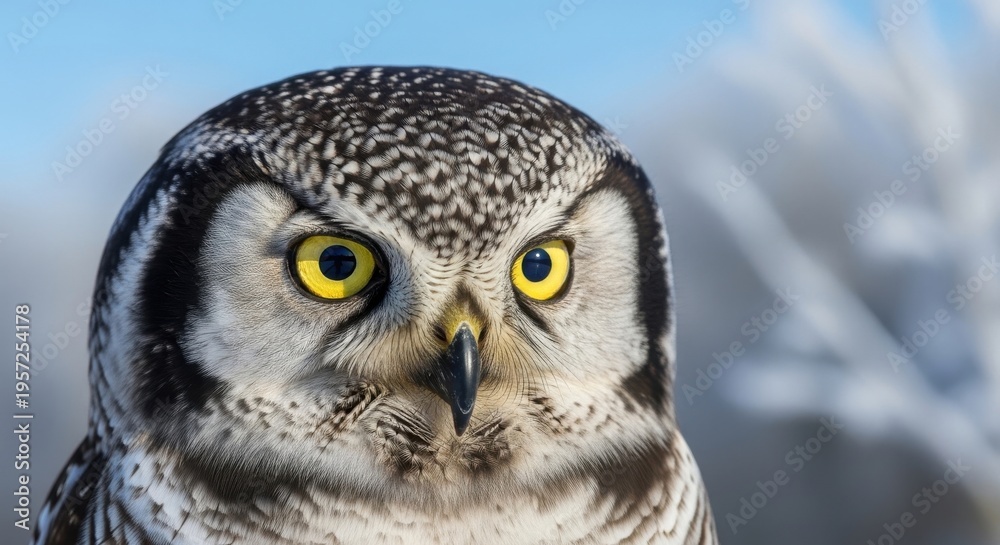 Obraz premium A Northern Hawk Owl's Intense Yellow Eyes and Sharp Features in a Close-Up Portrait