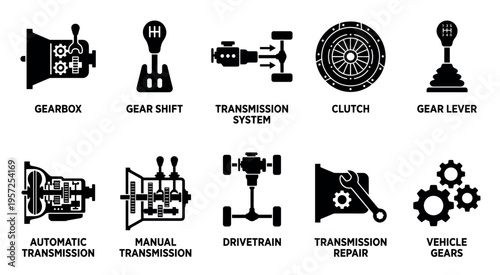 A collection of black silhouette icons representing various automotive transmission components and systems, suitable for mechanical and transport themes.