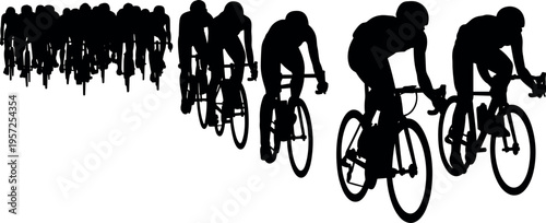 Cycling peloton silhouettes in motion showing race progression, teamwork and endurance, competitive road cycling sport concept with dynamic speed composition