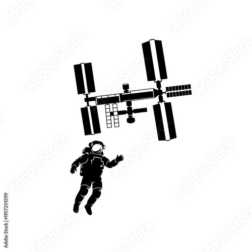 Astronaut Floating Near International Space Station Silhouette Illustration.