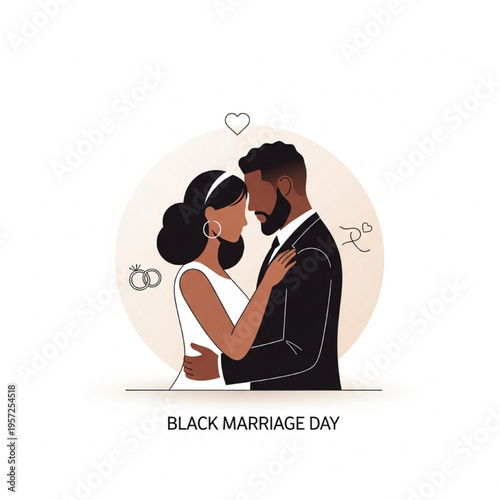 Black Marriage Day Vector Illustration, Loving Black Couple, Wedding Celebration Icon