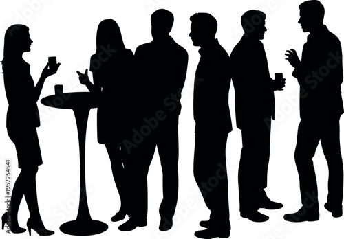 Business people silhouettes networking at social event, group conversation with drinks showing communication, interaction and professional meeting concept in minimal style