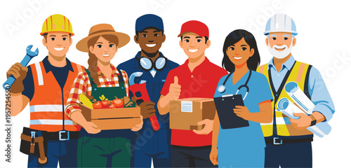 Group of Diverse Professionals and Essential Workers Characters Illustration