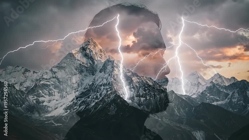 Double exposure profile of a man combined with snow mountain and lightning. Christian spiritual concept representing divine nature and power of biblical creation.