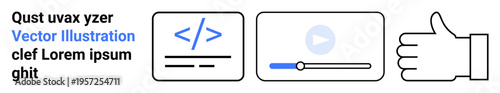 Technology, programming, multimedia, user experience, interface design, positive feedback. Minimalistic icons including code snippet, media player and thumbs-up outline. Technology and programming
