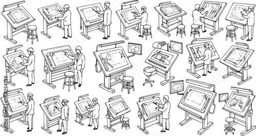 Isometric Line Art: Architects  Engineers Working at Drafting Tables, Creating Blueprints  Designs with Digital Screens, Professional Workspace Concept