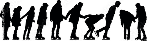 Group of ice skaters silhouettes practicing together on rink, learning balance, teamwork and winter sport activity in minimal black white style