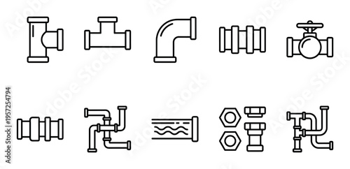A clean, vector illustration of various plumbing pipe fittings and components including elbows, tees, valves, and nuts on a white background.