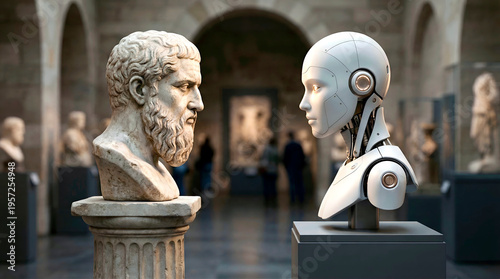 A marble statue of an ancient Greek philosopher faces an AI robot statue in a museum gallery. Surrounded by other sculptures, this scene creates a powerful contrast between past traditions and future