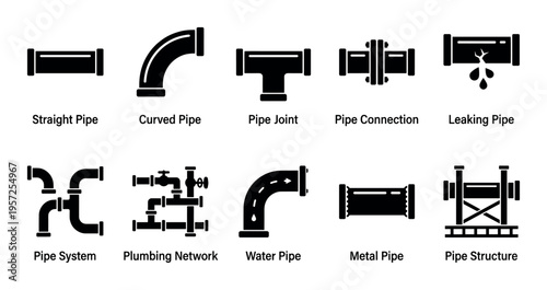 A collection of black and white icons illustrating different plumbing pipe components, including straight pipes, curved pipes, joints, connections, systems, networks, and a leaking pipe.