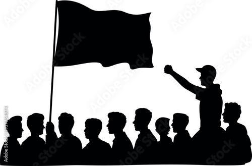 Protest crowd silhouettes with raised fist and flag, demonstration rally concept showing unity, activism, social movement and public expression