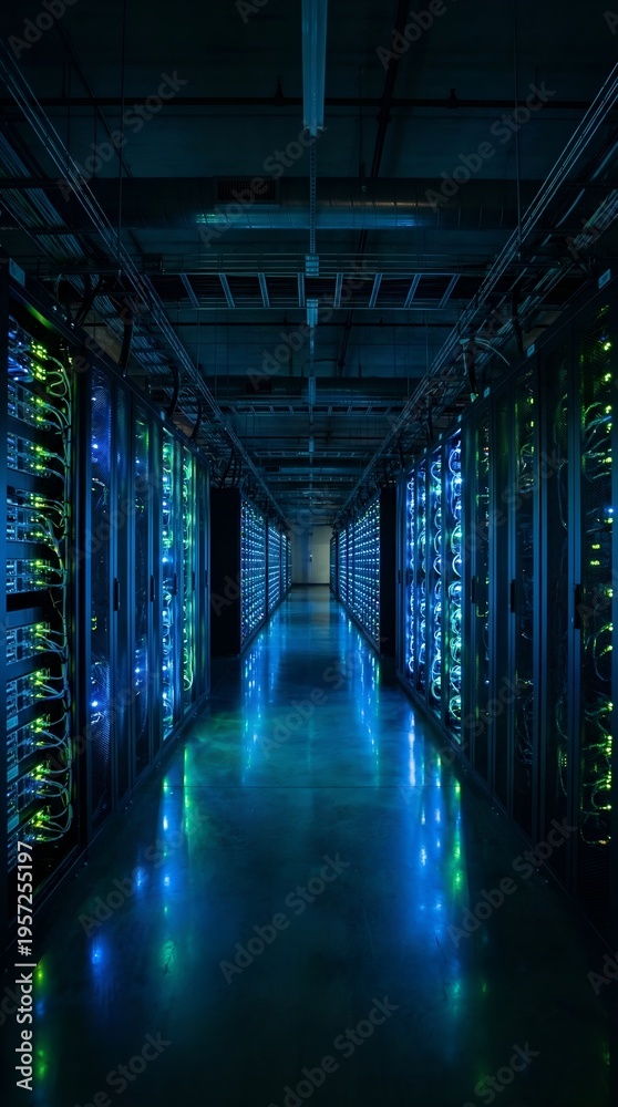 Fototapeta premium Digital Realm: A futuristic server room bathed in cool blue and green light, the image highlights the intricate network and data storage