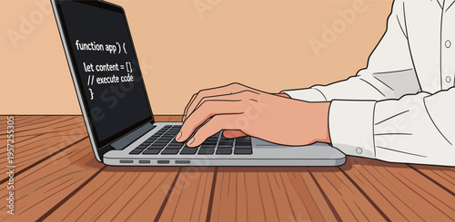 Hands typing code on a laptop while sitting at a wooden table in a workspace during daytime