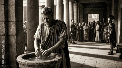Roman governor washing hand in stone basin to symbolize innocence. Historical biblical scene of Pontius Pilate in ancient architecture. Religious drama concept.