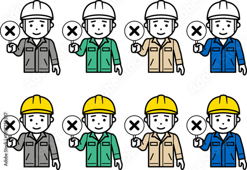 不正解の札を上げるヘルメットと作業服を着用した男性のアイコン。その2
