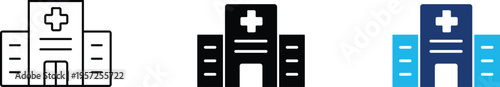 Medical center icon showing healthcare building and professional hospital architecture. Professional illustration for clinical emergency services, wellness center facilities, telemedicine platforms.