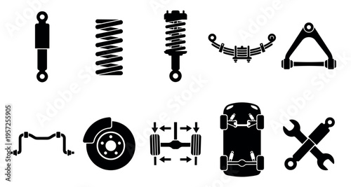 A collection of black silhouette icons representing various car suspension components and tools against a white background, ideal for automotive graphics.