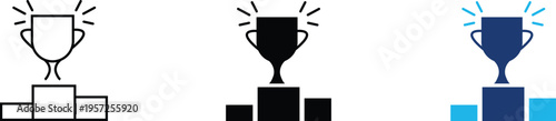 Achievement podium icon showing competitive success and champion trophy award. Professional illustration for business performance rankings, sports tournament victory, leadership recognition programs.