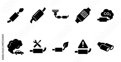 Collection of black and white icons representing car exhaust systems, illustrating pollution, CO2 emissions, repair, and eco-friendly alternatives.