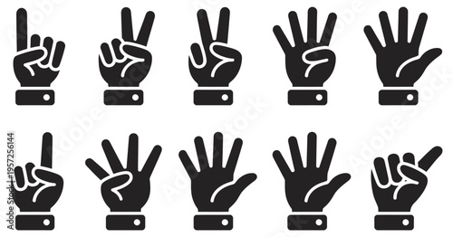 hand counting gesture icon set, numbers one to five symbols, education and learning concept illustration, communication and sign language gestures, numerical practice and digital interaction vector de