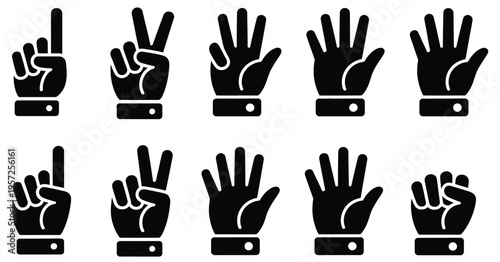 human hand gesture icons showing numbers one to five, counting symbols vector illustrations, communication learning and education concept, numerical signs and sign language gestures, counting practice