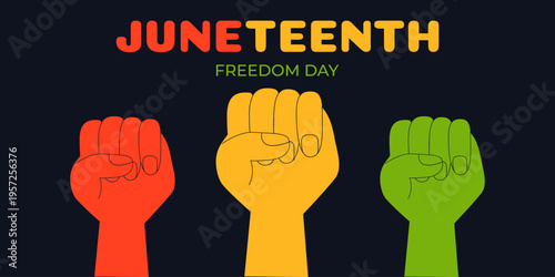 Juneteenth celebrating web banner with three raised fists. Unity, resistance and the fight for freedom illustration.