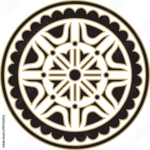 Kazakh national round gold and black ornament frame. Ethnic pattern. The circle ring reflects nomadic culture. Suitable for design and textiles.