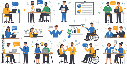 Business teamwork and office collaboration scenes set with diverse professionals meetings presentations communication and workflow vector illustration collection