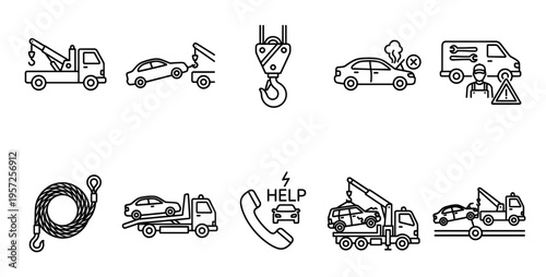 A collection of minimalist line art icons depicting tow trucks, car trouble, roadside assistance, and towing services for commercial use.