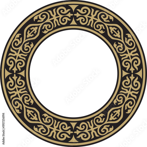 Kazakh national round gold and black ornament frame. Ethnic pattern. The circle ring reflects nomadic culture. Suitable for design and textiles.