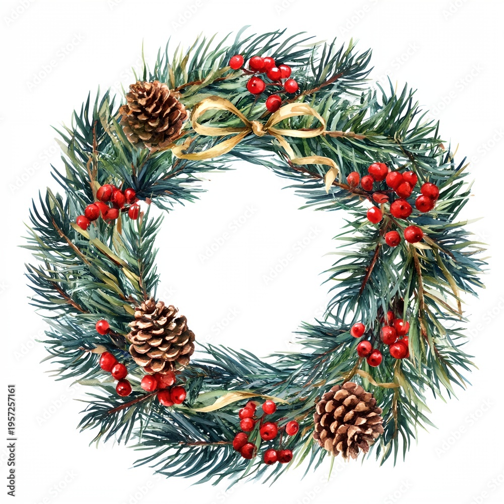 Fototapeta premium Christmas wreath of pine branches and red berries