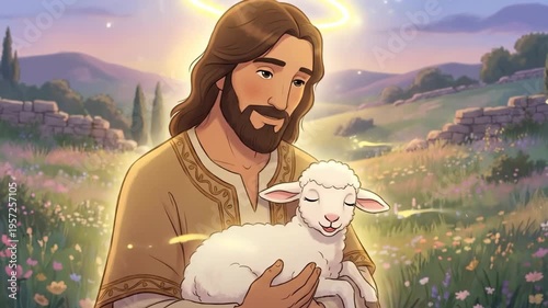 Jesus holding a lamb in a flowered field. The shepherd looks kindly at the animal with a glowing halo above his head. Religious scene for christian holiday.