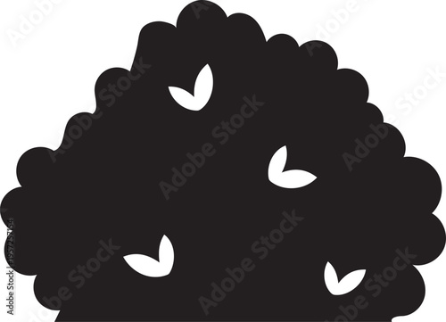 Black silhouette of a dense bush with white leaves on transparent background, nature element.